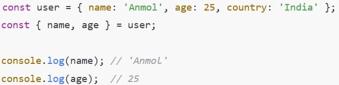 JavaScript code using object destructuring to extract the name and age properties from a user object and log their values